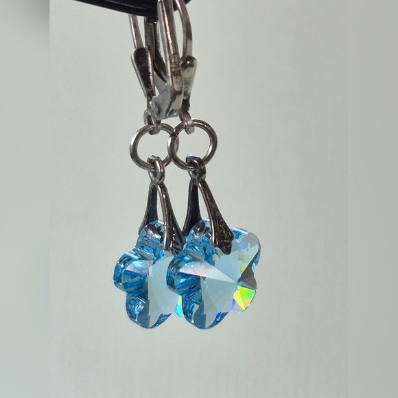Sterling Silver Blue Swarovski Crystal Flower Earrings - Picture 1 of 6